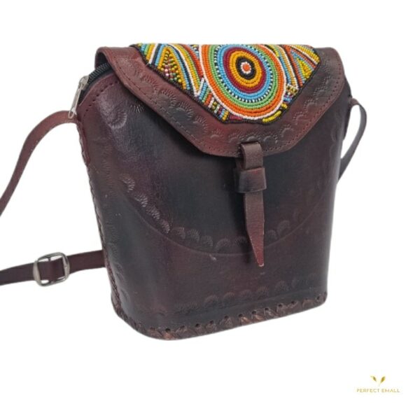 African Women Shoulder Leather and beaded Bag, Leather Handle