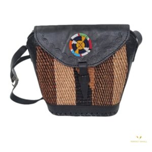 Women Shoulder Leather and beaded Bag, Leather Handle Brown