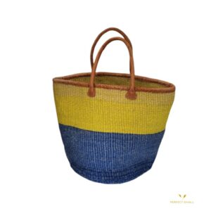 African Woven Sisal Basket, HandWoven Market Leather Handles, Shopper Bag