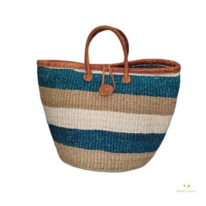 African Woven Sisal Basket, HandWoven Market Basket Leather Handles,