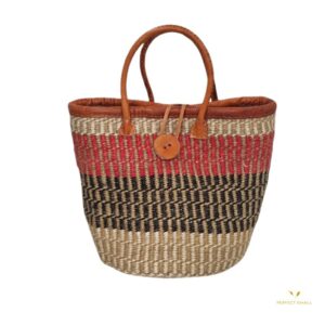 African Woven Sisal Basket, HandWoven Market Basket Leather Handles,